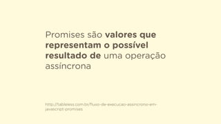 Promises são valores que
representam o possível
resultado de uma operação
assíncrona
http://tableless.com.br/ﬂuxo-de-execucao-assincrono-em-
javascript-promises
 