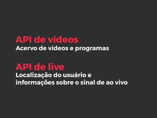 Acervo de vídeos e programas
API de vídeos
Localização do usuário e
informações sobre o sinal de ao vivo
API de live
 