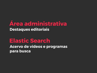 Destaques editoriais
Área administrativa
Elastic Search
Acervo de vídeos e programas
para busca
 