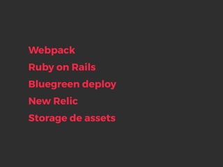 Ruby on Rails
Bluegreen deploy
New Relic
Storage de assets
Webpack
 