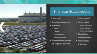 Recursos financeiros
Recursos
Marca
Canais
Conhecimento
Relacionamentos
Experiência de gestão
de negócios maduros
O que tem?
Novas ideias
Novos mercados
Novos produtos
Novas tecnologias
Mentalidade
empreendedora
Ferramentas
e técnicas
O que precisa?
Fonte: Innoscience
Empresas Estabelecidas
 
