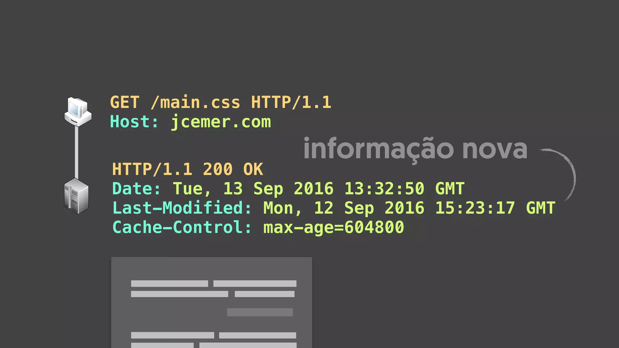 GET /main.css HTTP/1.1
Host: jcemer.com
HTTP/1.1 200 OK
Date: Tue, 13 Sep 2016 13:32:50 GMT
Last-Modified: Mon, 12 Sep 2016 15:23:17 GMT
Cache-Control: max-age=604800
informação nova
 