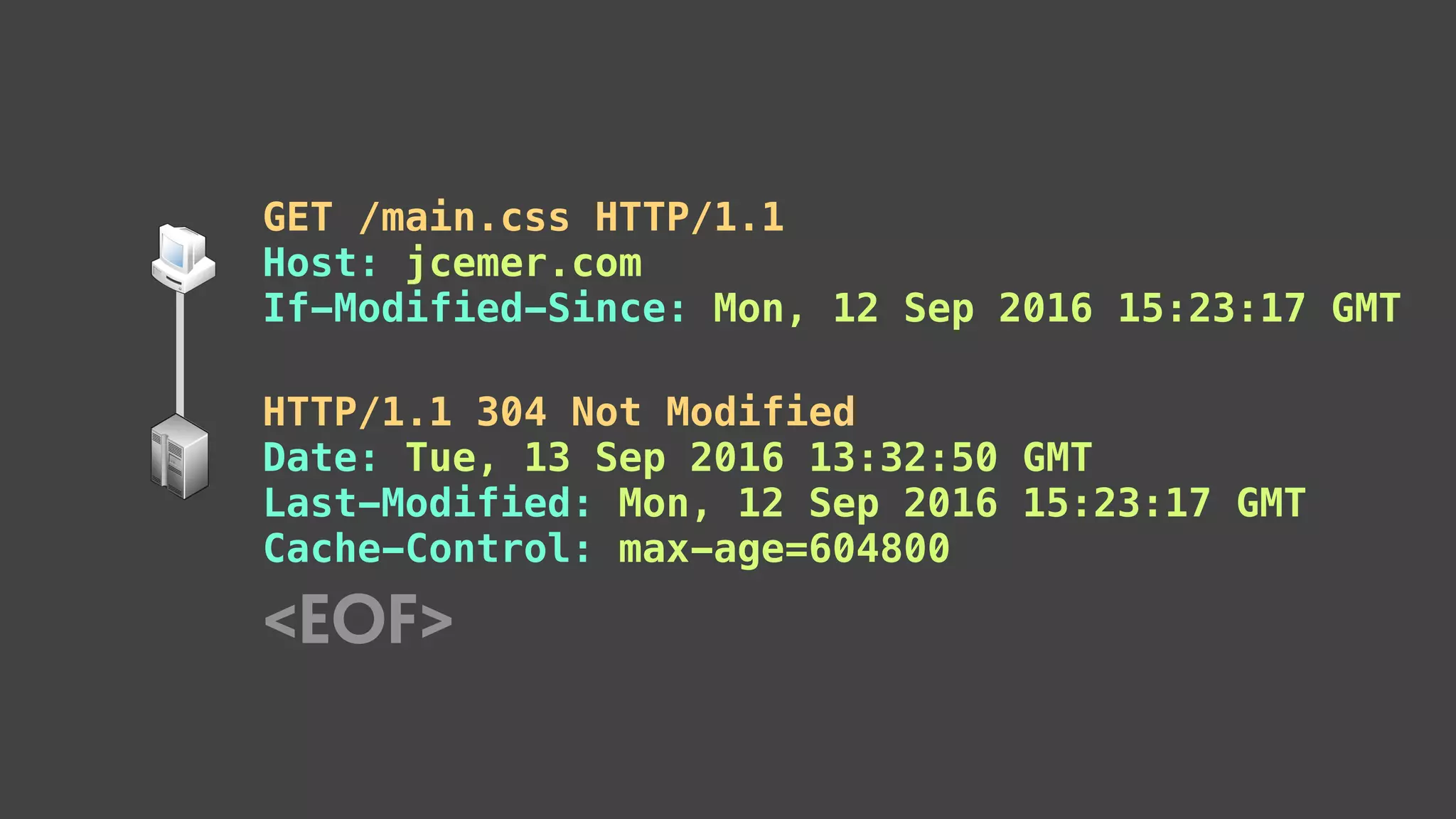 GET /main.css HTTP/1.1
Host: jcemer.com
If-Modified-Since: Mon, 12 Sep 2016 15:23:17 GMT
HTTP/1.1 304 Not Modified
Date: Tue, 13 Sep 2016 13:32:50 GMT
Last-Modified: Mon, 12 Sep 2016 15:23:17 GMT
Cache-Control: max-age=604800
<EOF>
 