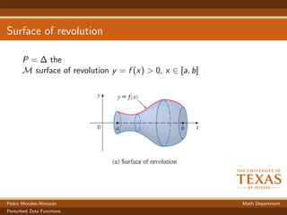Surface of revolution
P = ∆ the
M surface of revolution y = f (x) > 0, x ∈ [a, b]
Pedro Morales-Almaz´an Math Department
Perturbed Zeta Functions
 