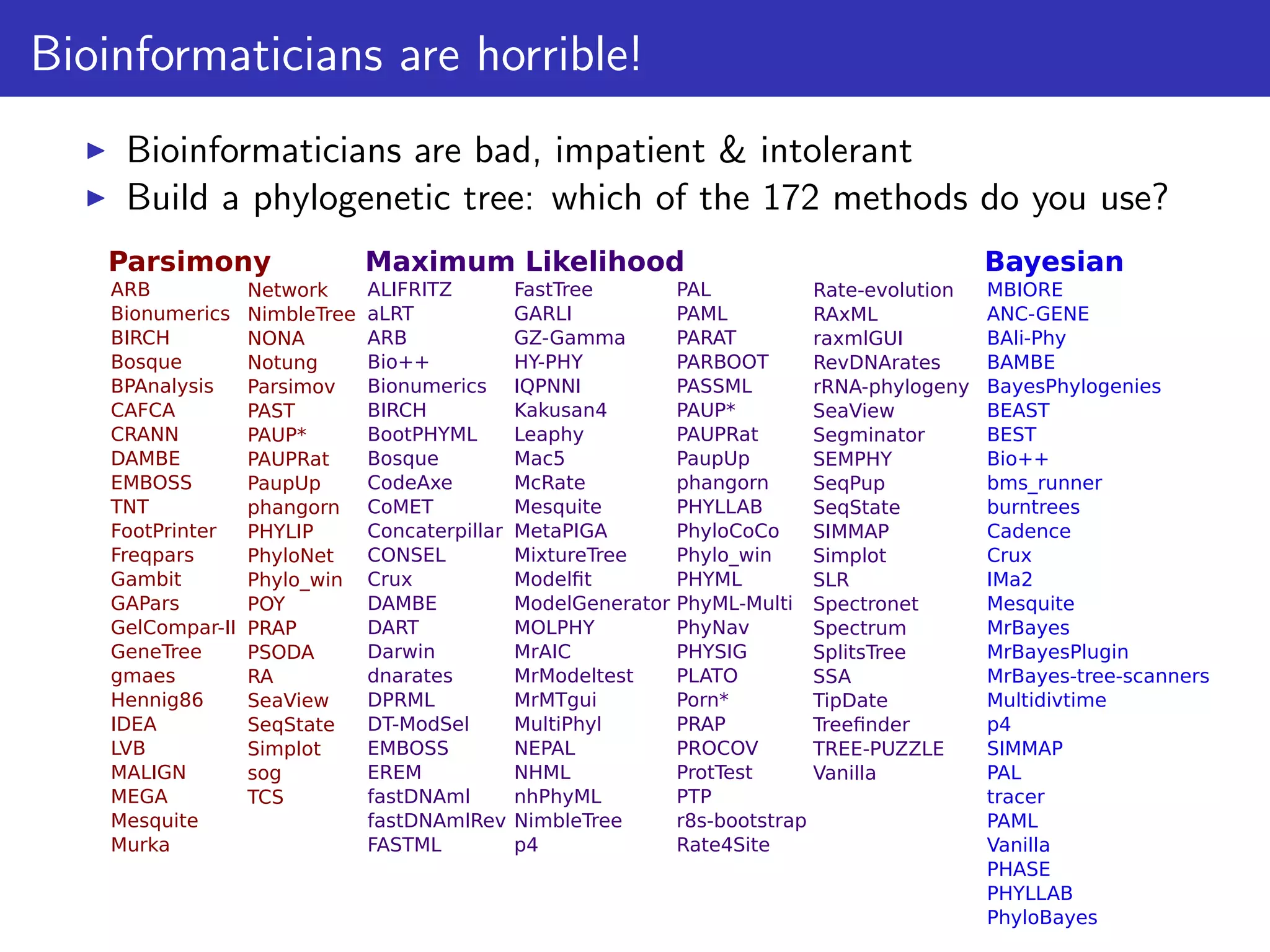 Bioinformaticians are horrible!
Bioinformaticians are bad, impatient & intolerant
Build a phylogenetic tree: which of the 172 methods do you use?
MBIORE
ANC-GENE
BAli-Phy
BAMBE
BayesPhylogenies
BEAST
BEST
Bio++
bms_runner
burntrees
Cadence
Crux
IMa2
Mesquite
MrBayes
MrBayesPlugin
MrBayes-tree-scanners
Multidivtime
p4
SIMMAP
PAL
tracer
PAML
Vanilla
PHASE
PHYLLAB
PhyloBayes
ARB
Bionumerics
BIRCH
Bosque
BPAnalysis
CAFCA
CRANN
DAMBE
EMBOSS
TNT
FootPrinter
Freqpars
Gambit
GAPars
GelCompar-II
GeneTree
gmaes
Hennig86
IDEA
LVB
MALIGN
MEGA
Mesquite
Murka
Network
NimbleTree
NONA
Notung
Parsimov
PAST
PAUP*
PAUPRat
PaupUp
phangorn
PHYLIP
PhyloNet
Phylo_win
POY
PRAP
PSODA
RA
SeaView
SeqState
Simplot
sog
TCS
Parsimony Maximum Likelihood Bayesian
ALIFRITZ
aLRT
ARB
Bio++
Bionumerics
BIRCH
BootPHYML
Bosque
CodeAxe
CoMET
Concaterpillar
CONSEL
Crux
DAMBE
DART
Darwin
dnarates
DPRML
DT-ModSel
EMBOSS
EREM
fastDNAml
fastDNAmlRev
FASTML
FastTree
GARLI
GZ-Gamma
HY-PHY
IQPNNI
Kakusan4
Leaphy
Mac5
McRate
Mesquite
MetaPIGA
MixtureTree
Modelﬁt
ModelGenerator
MOLPHY
MrAIC
MrModeltest
MrMTgui
MultiPhyl
NEPAL
NHML
nhPhyML
NimbleTree
p4
PAL
PAML
PARAT
PARBOOT
PASSML
PAUP*
PAUPRat
PaupUp
phangorn
PHYLLAB
PhyloCoCo
Phylo_win
PHYML
PhyML-Multi
PhyNav
PHYSIG
PLATO
Porn*
PRAP
PROCOV
ProtTest
PTP
r8s-bootstrap
Rate4Site
Rate-evolution
RAxML
raxmlGUI
RevDNArates
rRNA-phylogeny
SeaView
Segminator
SEMPHY
SeqPup
SeqState
SIMMAP
Simplot
SLR
Spectronet
Spectrum
SplitsTree
SSA
TipDate
Treeﬁnder
TREE-PUZZLE
Vanilla
 