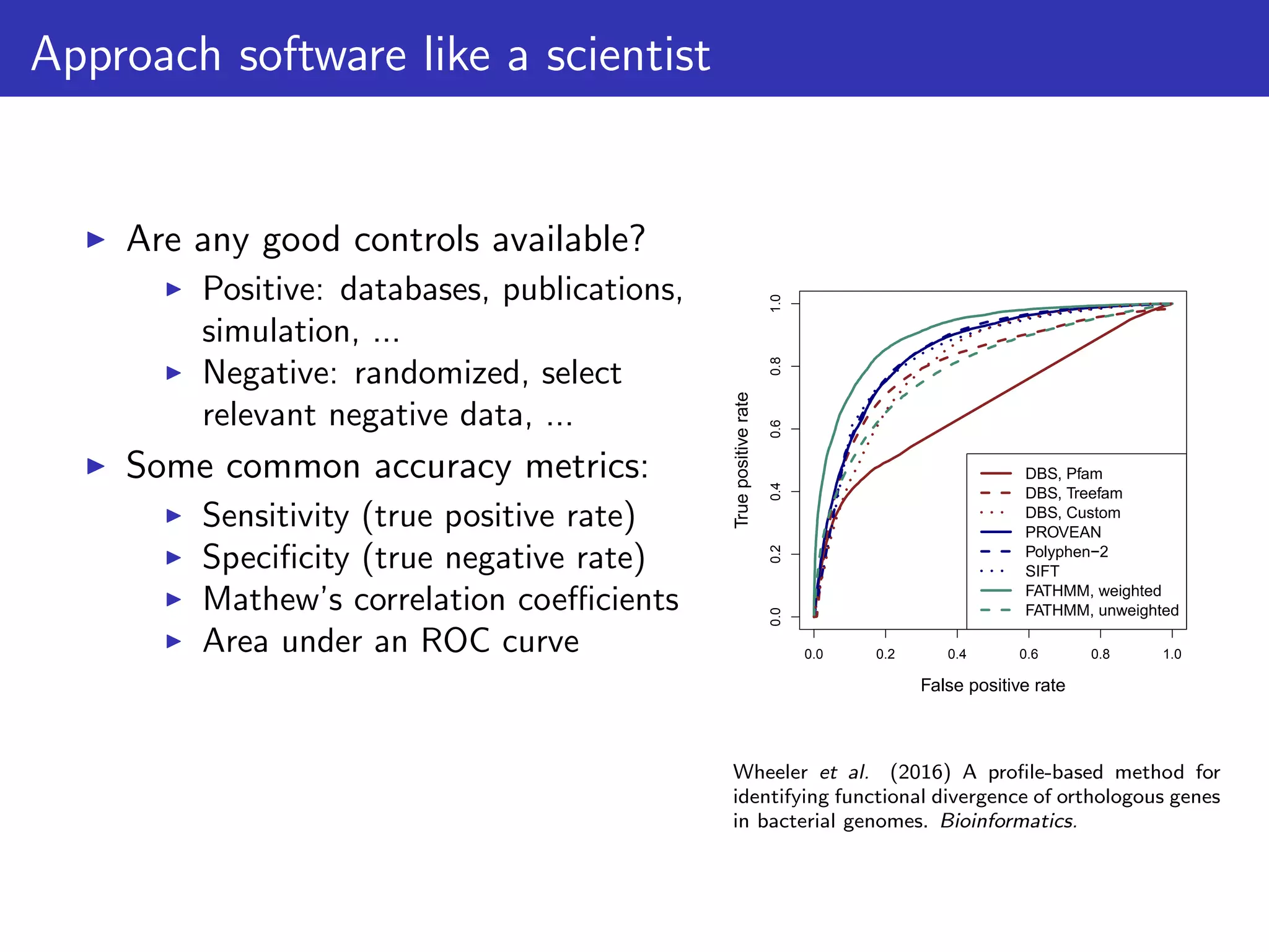 Approach software like a scientist
Are any good controls available?
Positive: databases, publications,
simulation, ...
Negative: randomized, select
relevant negative data, ...
Some common accuracy metrics:
Sensitivity (true positive rate)
Speciﬁcity (true negative rate)
Mathew’s correlation coeﬃcients
Area under an ROC curve
False positive rate
Truepositiverate
0.0 0.2 0.4 0.6 0.8 1.0
0.00.20.40.60.81.0
DBS, Pfam
DBS, Treefam
DBS, Custom
PROVEAN
Polyphen−2
SIFT
FATHMM, weighted
FATHMM, unweighted
Wheeler et al. (2016) A proﬁle-based method for
identifying functional divergence of orthologous genes
in bacterial genomes. Bioinformatics.
 