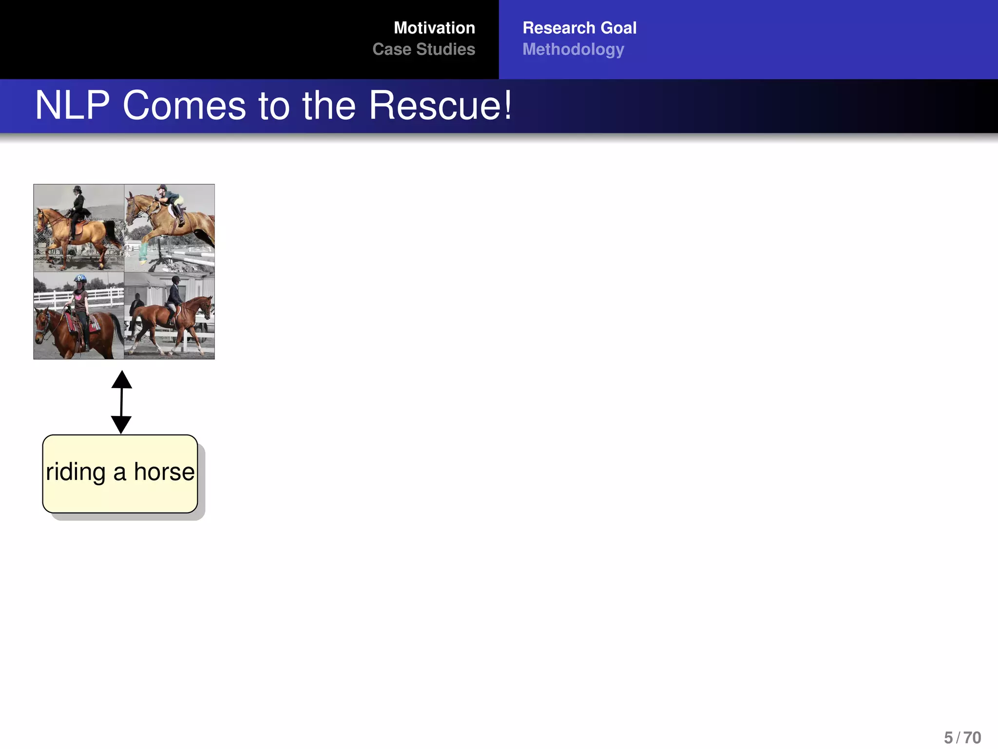 Motivation
Case Studies
Research Goal
Methodology
NLP Comes to the Rescue!
riding a horse
5 / 70
 