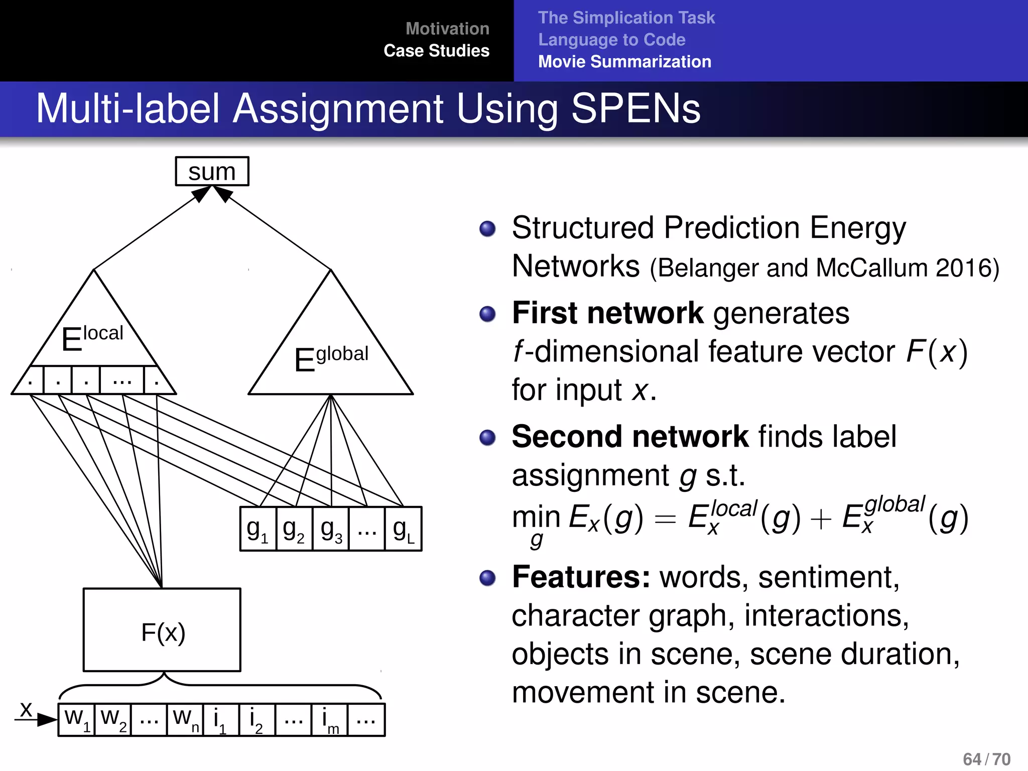 Motivation
Case Studies
The Simplication Task
Language to Code
Movie Summarization
Multi-label Assignment Using SPENs
w1
w2
wn i1
i2
im
x .........
F(x)
g1
g2
...g3
gL
EglobalElocal
.... . . .
sum
Structured Prediction Energy
Networks (Belanger and McCallum 2016)
First network generates
f-dimensional feature vector F(x)
for input x.
Second network ﬁnds label
assignment g s.t.
min
g
Ex (g) = Elocal
x (g) + E
global
x (g)
Features: words, sentiment,
character graph, interactions,
objects in scene, scene duration,
movement in scene.
64 / 70
 