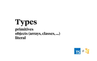 primitives 
objects (arrays, classes, …) 
literal
+
Types
 