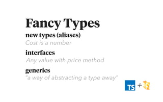 new types (aliases)
 
interfaces
 
generics
+
Fancy Types
Cost is a number
Any value with price method
“a way of abstracting a type away”
 
