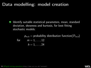 35 Oﬀ-grid mining operations http://www.ucl.ac.uk/~ucecesf/
Data modelling: model creation
2 Identify suitable statistical parameters, mean, standard
deviation, skewness and kurtosis, for best ﬁtting
stochastic models:
pm,h = probability distribution function(Dm,h)
for m = 1, . . . , 12
h = 1, . . . , 24
 