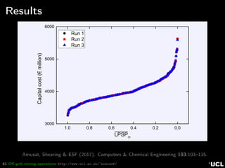 41 Oﬀ-grid mining operations http://www.ucl.ac.uk/~ucecesf/
Results
1 . 0 0 . 8 0 . 6 0 . 4 0 . 2 0 . 0
3 0 0 0
4 0 0 0
5 0 0 0
6 0 0 0
R u n 1
R u n 2
R u n 3
Capitalcost(€million)
L P S P m
Amusat, Shearing & ESF (2017). Computers & Chemical Engineering 103:103–115.
 