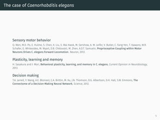 The case of Caenorhabditis elegans
Sensory motor behavior
Q. Wen, M.D. Po, E. Hulme, S. Chen, X. Liu, S. Wai Kwok, M. Gershow, A. M. Leifer, V. Butler, C. Fang-Yen, T. Kawano, W.R.
Schafer, G. Whitesides, M. Wyart, D.B. Chklovskii, M. Zhen, A.D.T. Samueln, Proprioceptive Coupling within Motor
Neurons Drives C. elegans Forward Locomotion. Neuron, 2012.
Plasticity, learning and memory
H. Sasakura and I. Mori, Behavioral plasticity, learning, and memory in C. elegans, Current Opinion in Neurobiology,
2013.
Decision making
T.A. Jarrell, Y. Wang, A.E. Bloniarz, C.A. Brittin, M. Xu, J.N. Thomson, D.G. Albertson, D.H. Hall, S.W. Emmons, The
Connectome of a Decision-Making Neural Network, Science, 2012.
5
 