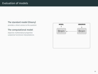 Evaluation of models
The standard model (theory)
provides a direct access to the question
The computational model
objective mathematical properties
subjective functional interpretations
Brain
MODEL OBSERVER
Brain
88
 