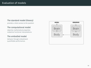 Evaluation of models
The standard model (theory)
provides a direct access to the question
The computational model
objective mathematical properties
subjective functional interpretations
The embodied model
behavior through embodiment
quantiﬁable performances
Brain
Body
MODEL OBSERVER
Brain
Body
88
 