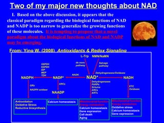 I.  Based on the above discussion, it appears that the classical paradigm regarding the biological functions of NAD and NADP is too narrow to generalize the growing functions of these molecules.   It is tempting to propose that a novel paradigm about the biological functions of NAD and NADP may be emerging.   From: Ying W. (2008)  Antioxidants & Redox Signaling Two of my major new thoughts about NAD 