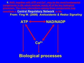 II.   NAD, together with ATP and Ca 2+ , may be the most fundamental components in life which mediate nearly all of the key biological processes. The close interactions among these components may constitute a ‘ Central Regulatory Network ’ in life.   From: Ying W. (2008)  Antioxidants & Redox Signaling 