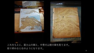 これをもとに、富⼠⼭の線と、中景の⼭稜の線を彫ります。
彫り終わると右のようになります。
12
 