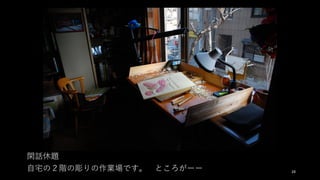 閑話休題
⾃宅の２階の彫りの作業場です。 ところがーー 28
 