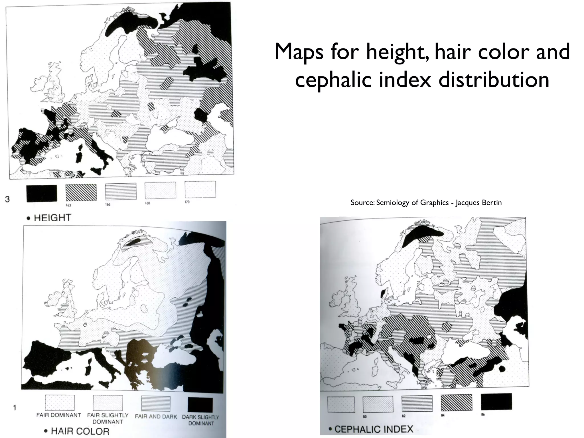 Maps for height, hair color and
 cephalic index distribution



        Source: Semiology of Graphics - Jacques Bertin
 