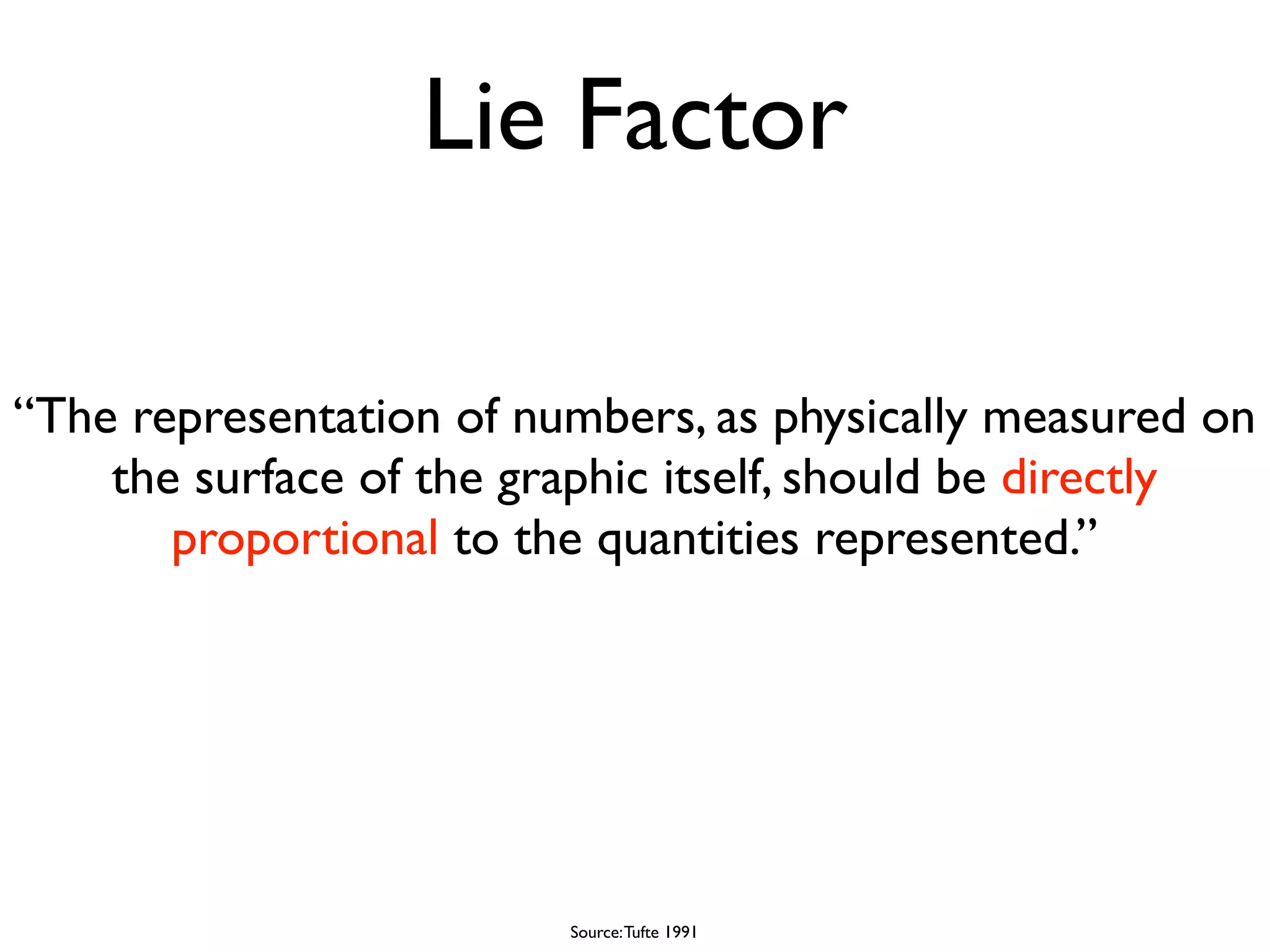 Lie Factor

“The representation of numbers, as physically measured on
    the surface of the graphic itself, should be directly
       proportional to the quantities represented.”




                         Source: Tufte 1991
 