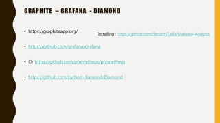 GRAPHITE – GRAFANA - DIAMOND
• https://graphiteapp.org/
• https://github.com/grafana/grafana
• Or https://github.com/prometheus/prometheus
• https://github.com/python-diamond/Diamond
Installing : https://github.com/SecurityTalks/Malware-Analysis
 