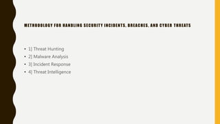 METHODOLOGY FOR HANDLING SECURITY INCIDENTS, BREACHES, AND CYBER THREATS
• 1] Threat Hunting
• 2] Malware Analysis
• 3] Incident Response
• 4] Threat Intelligence
 