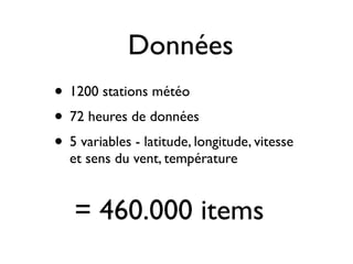 Données
• 1200 stations météo
• 72 heures de données
• 5 variables - latitude, longitude, vitesse
et sens du vent, température
= 460.000 items
 
