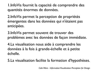 1.InfoVis fournit la capacité de comprendre des
quantités énormes de données.
2.InfoVis permet la perception de propriétés
émergentes dans les données qui n'étaient pas
anticipées.
3.InfoVis permet souvent de trouver des
problèmes avec les données de façon immédiate.
4.La visualisation nous aide à comprendre les
données à la fois à grande-échelle et à petite
échelle.
5.La visualisation facilite la formation d'hypothèses.
ColinWare - InformationVisualization: Perception for Design
 