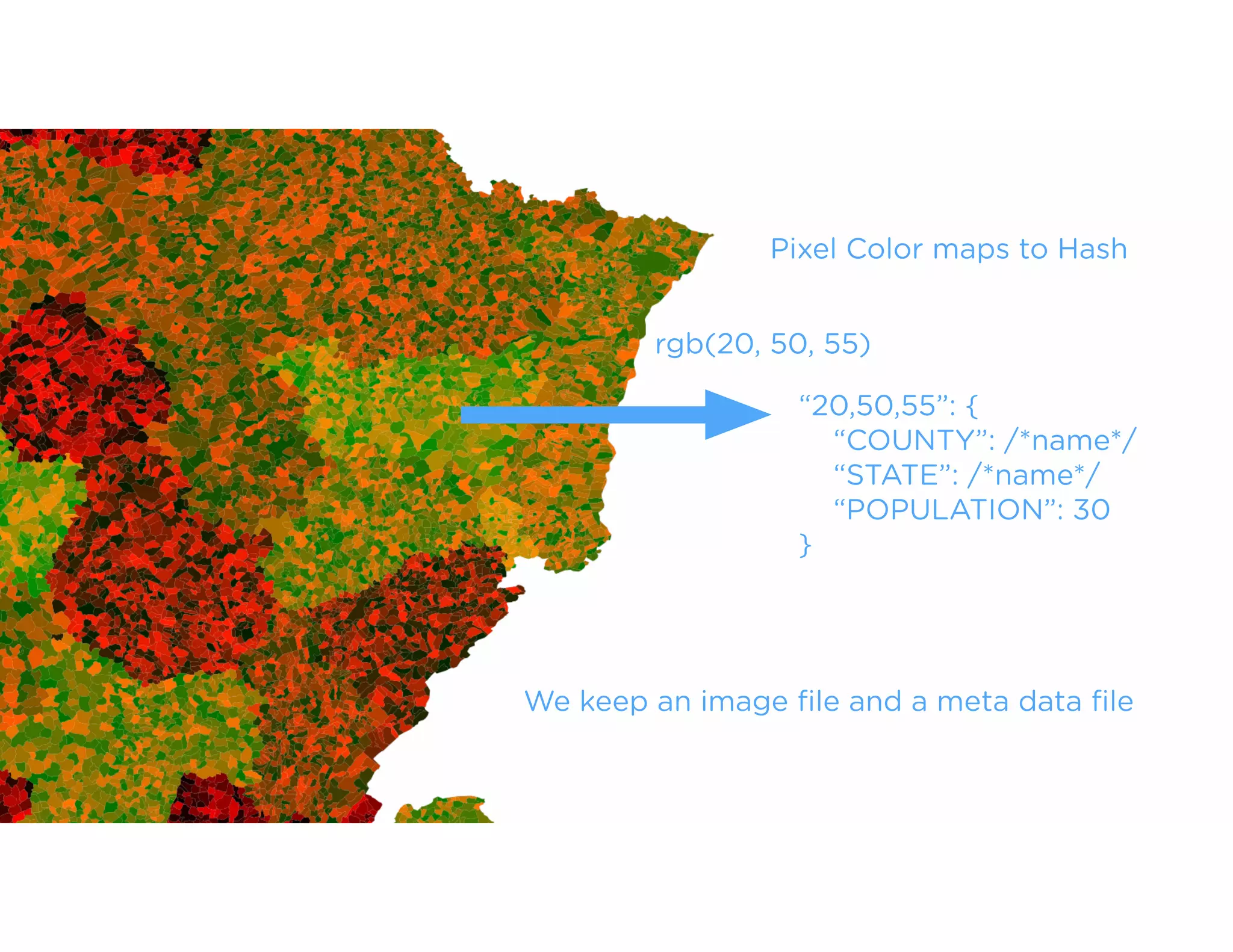 Pixel Color maps to Hash
rgb(20, 50, 55)
“20,50,55”: {
“COUNTY”: /*name*/
“STATE”: /*name*/
“POPULATION”: 30
}
We keep an image file and a meta data file
