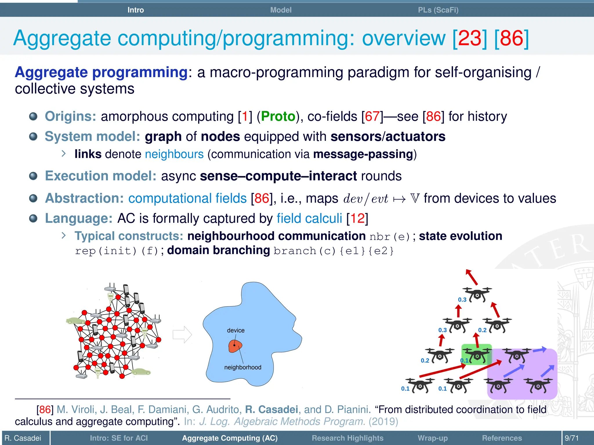 Intro Model PLs (ScaFi)
Aggregate computing/programming: overview [23] [86]
Aggregate programming: a macro-programming paradigm for self-organising /
collective systems
Origins: amorphous computing [1] (Proto), co-fields [67]—see [86] for history
System model: graph of nodes equipped with sensors/actuators
∠ links denote neighbours (communication via message-passing)
Execution model: async sense–compute–interact rounds
Abstraction: computational fields [86], i.e., maps dev/evt 7→ V from devices to values
Language: AC is formally captured by field calculi [12]
∠ Typical constructs: neighbourhood communication nbr(e); state evolution
rep(init)(f); domain branching branch(c){e1}{e2}
neighborhood
device
[86] M. Viroli, J. Beal, F. Damiani, G. Audrito, R. Casadei, and D. Pianini. “From distributed coordination to field
calculus and aggregate computing”. In: J. Log. Algebraic Methods Program. (2019)
R. Casadei Intro: SE for ACI Aggregate Computing (AC) Research Highlights Wrap-up References 9/71
 