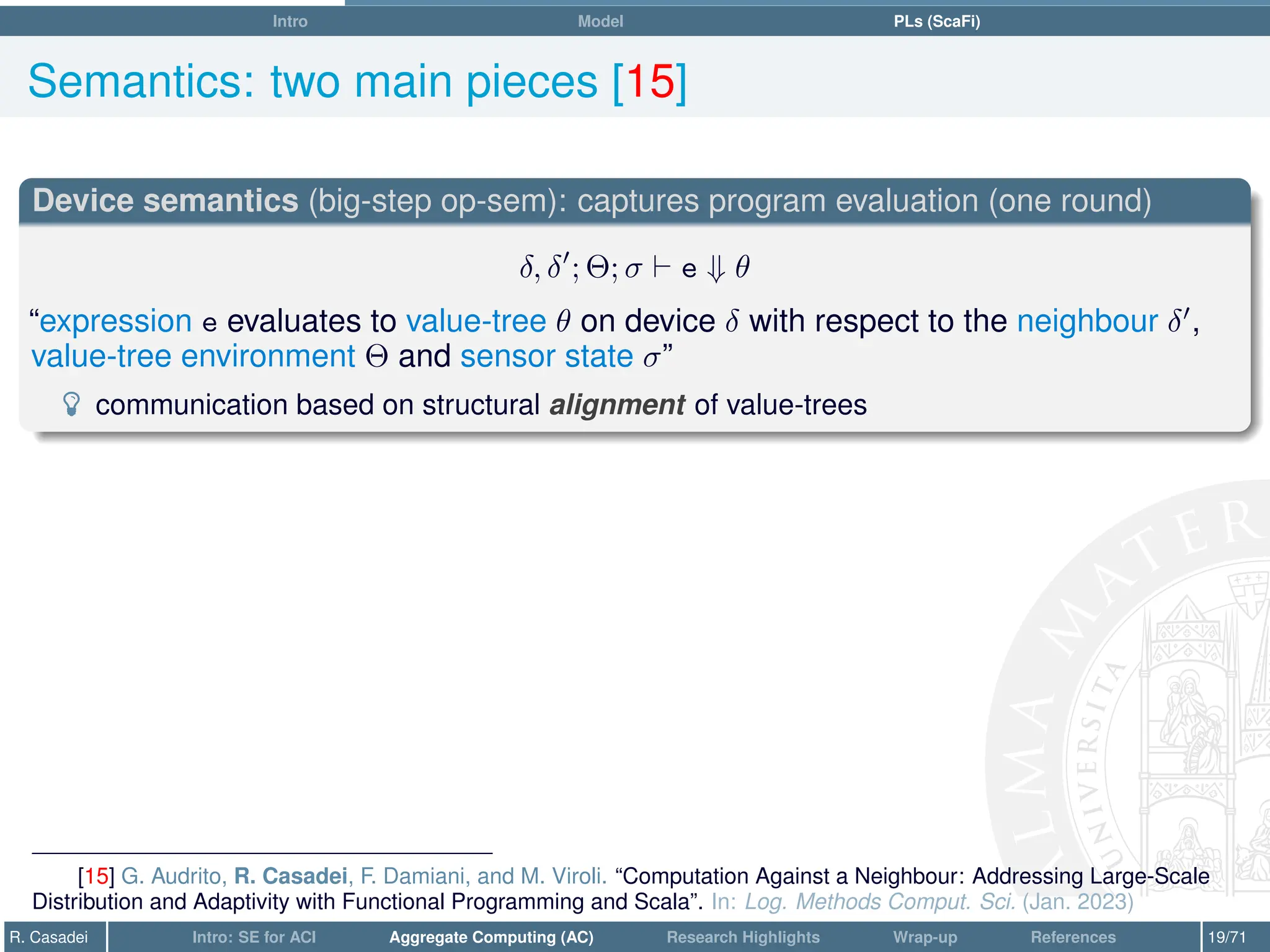 Intro Model PLs (ScaFi)
Semantics: two main pieces [15]
Device semantics (big-step op-sem): captures program evaluation (one round)
δ, δ0
; Θ; σ ` e ⇓ θ
“expression e evaluates to value-tree θ on device δ with respect to the neighbour δ0
,
value-tree environment Θ and sensor state σ”
­ communication based on structural alignment of value-trees
[15] G. Audrito, R. Casadei, F. Damiani, and M. Viroli. “Computation Against a Neighbour: Addressing Large-Scale
Distribution and Adaptivity with Functional Programming and Scala”. In: Log. Methods Comput. Sci. (Jan. 2023)
R. Casadei Intro: SE for ACI Aggregate Computing (AC) Research Highlights Wrap-up References 19/71
 