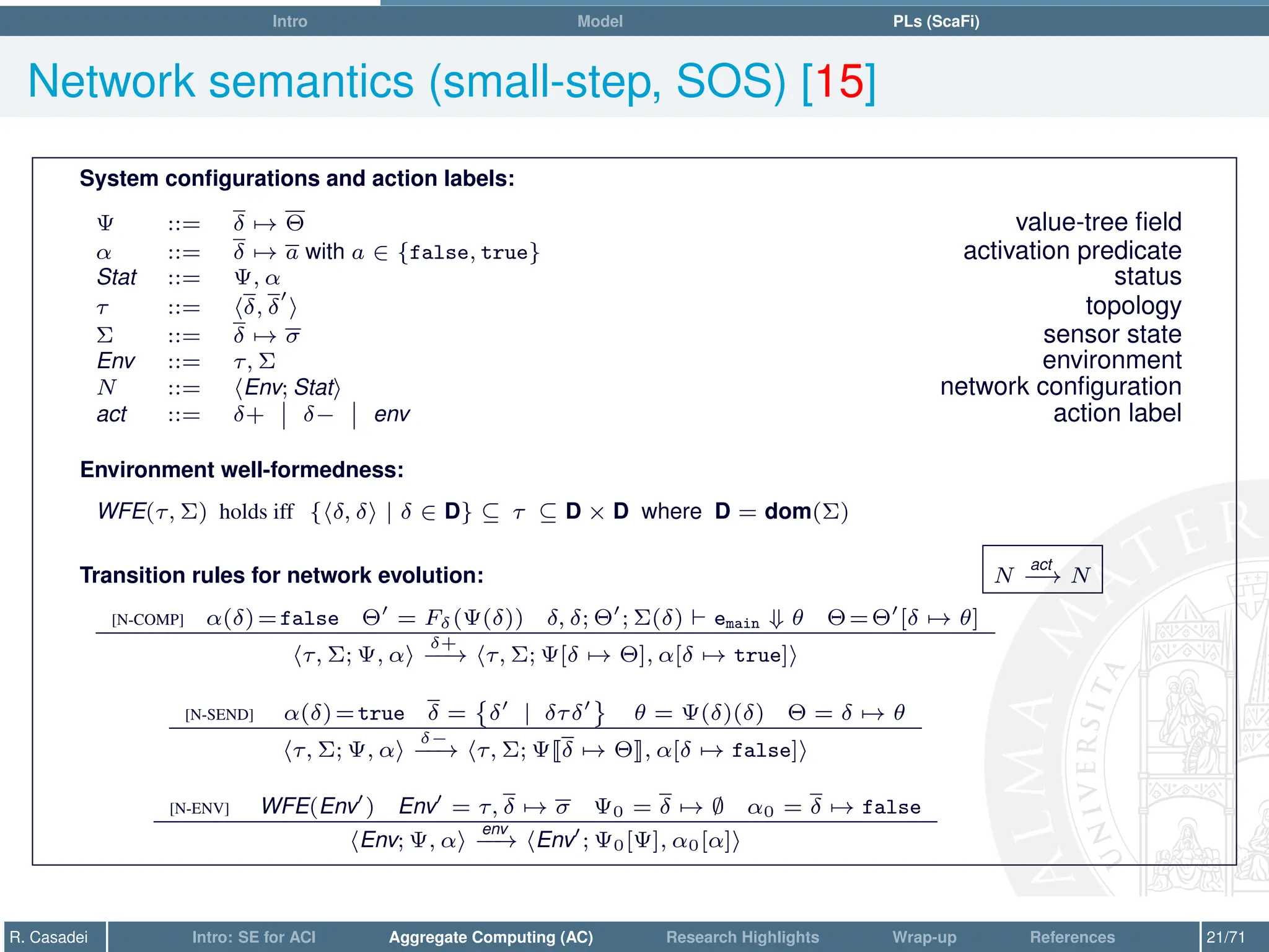 Intro Model PLs (ScaFi)
Network semantics (small-step, SOS) [15]
System configurations and action labels:
Ψ ::= δ 7→ Θ value-tree field
α ::= δ 7→ a with a ∈ {false, true} activation predicate
Stat ::= Ψ, α status
τ ::= hδ, δ
0
i topology
Σ ::= δ 7→ σ sensor state
Env ::= τ, Σ environment
N ::= hEnv; Stati network configuration
act ::= δ+ δ− env action label
Environment well-formedness:
WFE(τ, Σ) holds iff {hδ, δi | δ ∈ D} ⊆ τ ⊆ D × D where D = dom(Σ)
Transition rules for network evolution: N
act
−
−
→ N
[N-COMP] α(δ)=false Θ0
= Fδ(Ψ(δ)) δ, δ; Θ0
; Σ(δ) ` emain ⇓ θ Θ=Θ0
[δ 7→ θ]
hτ, Σ; Ψ, αi
δ+
−
−
→ hτ, Σ; Ψ[δ 7→ Θ], α[δ 7→ true]i
[N-SEND] α(δ)=true δ =

δ0
| δτδ0
θ = Ψ(δ)(δ) Θ = δ 7→ θ
hτ, Σ; Ψ, αi
δ−
−
−
→ hτ, Σ; ΨJδ 7→ ΘK, α[δ 7→ false]i
[N-ENV] WFE(Env0
) Env0
= τ, δ 7→ σ Ψ0 = δ 7→ ∅ α0 = δ 7→ false
hEnv; Ψ, αi
env
−
−
→ hEnv0
; Ψ0[Ψ], α0[α]i
R. Casadei Intro: SE for ACI Aggregate Computing (AC) Research Highlights Wrap-up References 21/71
 