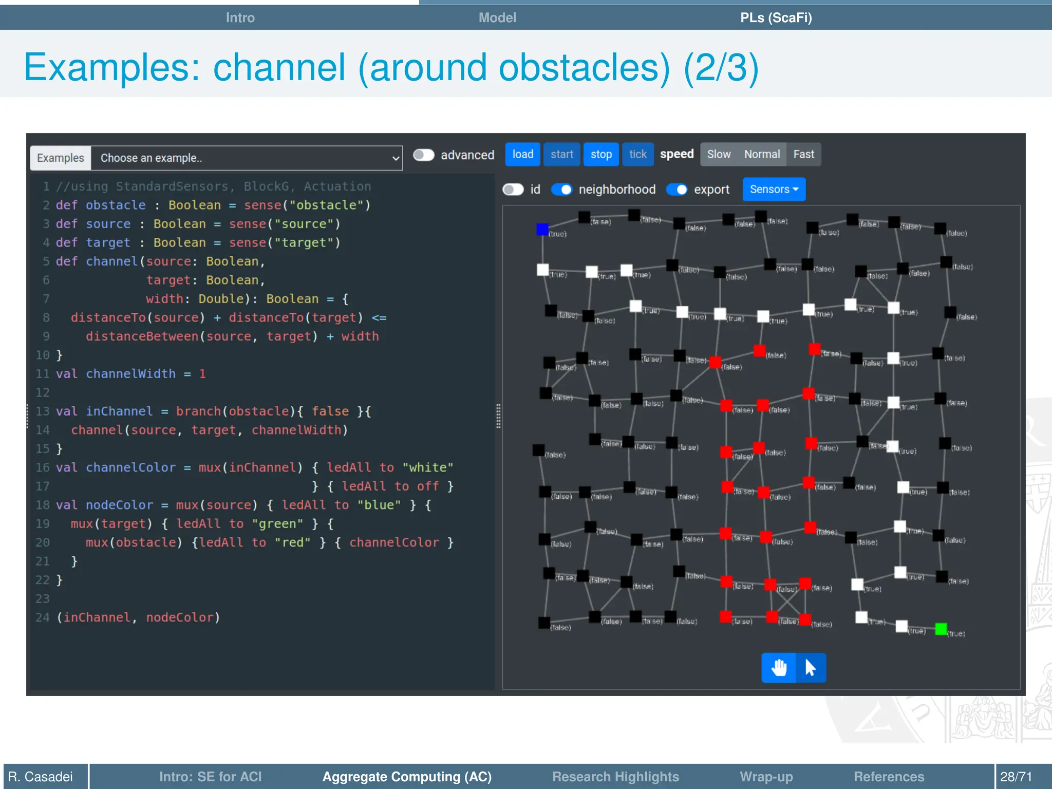 Intro Model PLs (ScaFi)
Examples: channel (around obstacles) (2/3)
R. Casadei Intro: SE for ACI Aggregate Computing (AC) Research Highlights Wrap-up References 28/71
 