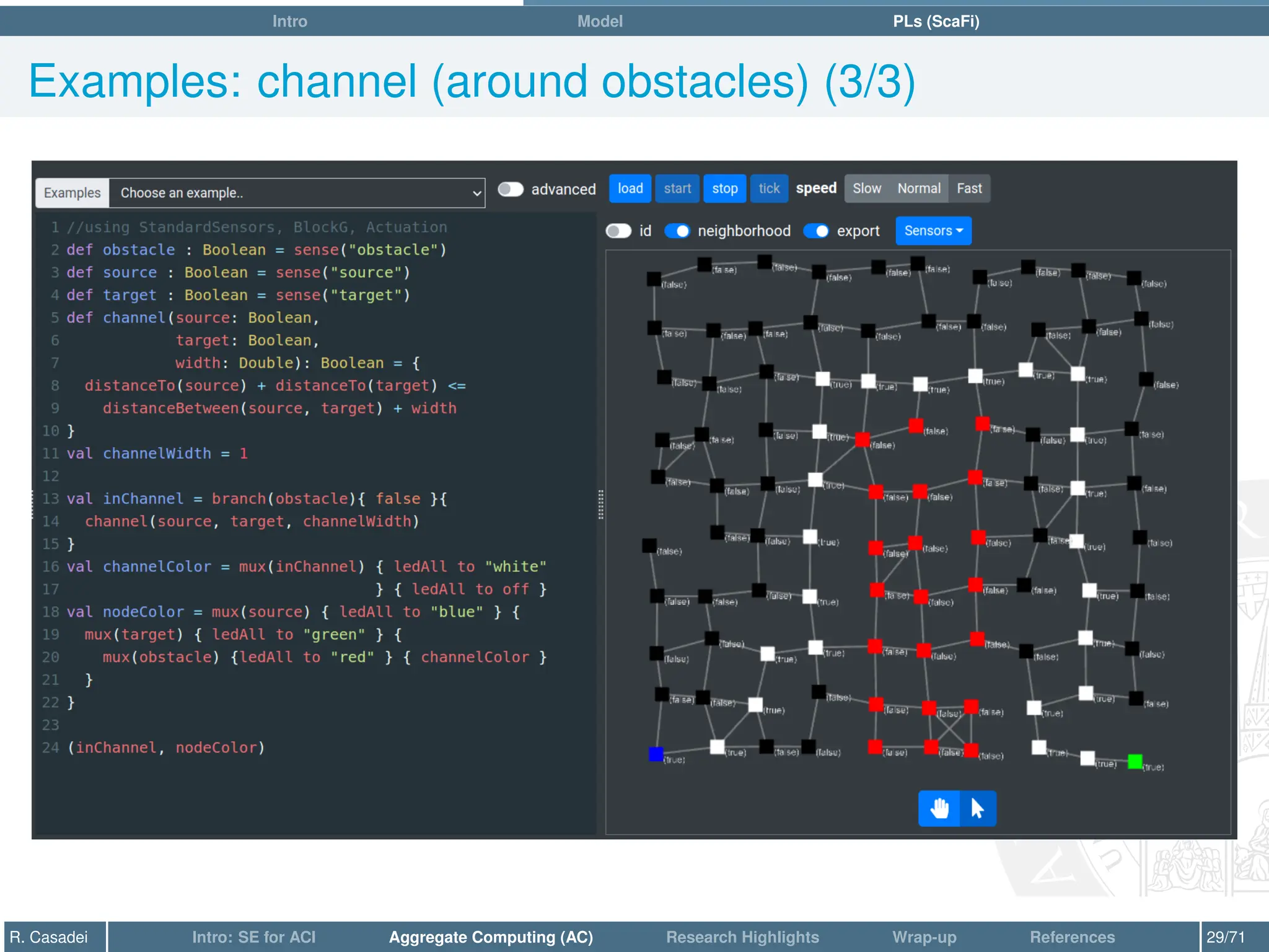 Intro Model PLs (ScaFi)
Examples: channel (around obstacles) (3/3)
R. Casadei Intro: SE for ACI Aggregate Computing (AC) Research Highlights Wrap-up References 29/71
 
