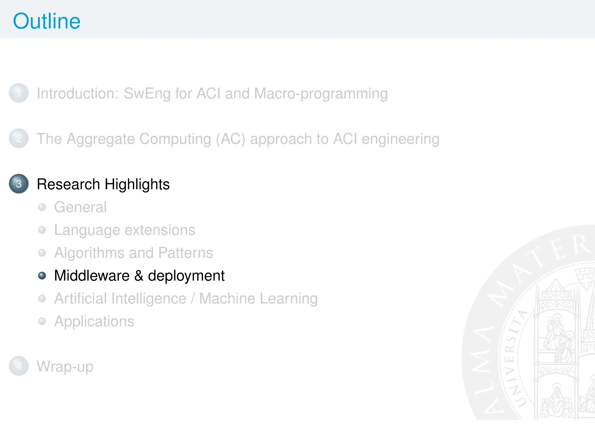 Outline
1 Introduction: SwEng for ACI and Macro-programming
2 The Aggregate Computing (AC) approach to ACI engineering
3 Research Highlights
General
Language extensions
Algorithms and Patterns
Middleware  deployment
Artificial Intelligence / Machine Learning
Applications
4 Wrap-up
 