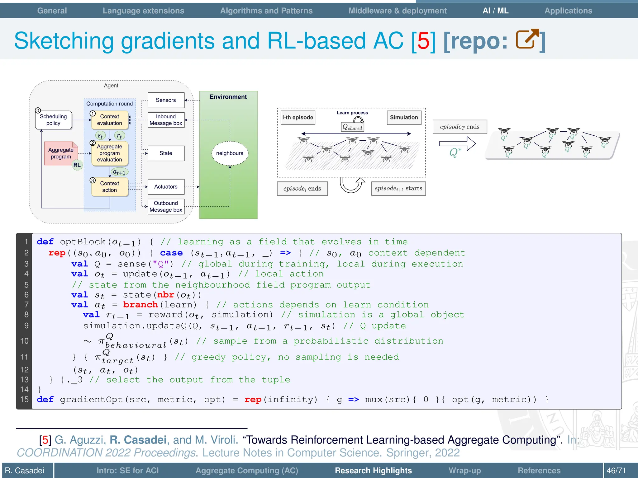 General Language extensions Algorithms and Patterns Middleware  deployment AI / ML Applications
Sketching gradients and RL-based AC [5] [repo: W]
Environment
Agent
Computation round
Context
evaluation
Aggregate
program
evaluation
Context
action
Scheduling
policy
Sensors
State
Inbound
Message box
Outbound
Message box
Actuators
neighbours
Aggregate
program
0
1
2
3
RL
Simulation
Learn process
i-th episode
1 def optBlock(ot−1) { // learning as a field that evolves in time
2 rep((s0, a0, o0)) { case (st−1, at−1, _) = { // s0, a0 context dependent
3 val Q = sense(Q) // global during training, local during execution
4 val ot = update(ot−1, at−1) // local action
5 // state from the neighbourhood field program output
6 val st = state(nbr(ot))
7 val at = branch(learn) { // actions depends on learn condition
8 val rt−1 = reward(ot, simulation) // simulation is a global object
9 simulation.updateQ(Q, st−1, at−1, rt−1, st) // Q update
10 ∼ π
Q
behavioural
(st) // sample from a probabilistic distribution
11 } { π
Q
target(st) } // greedy policy, no sampling is needed
12 (st, at, ot)
13 } }._3 // select the output from the tuple
14 }
15 def gradientOpt(src, metric, opt) = rep(infinity) { g = mux(src){ 0 }{ opt(g, metric)) }
[5] G. Aguzzi, R. Casadei, and M. Viroli. “Towards Reinforcement Learning-based Aggregate Computing”. In:
COORDINATION 2022 Proceedings. Lecture Notes in Computer Science. Springer, 2022
R. Casadei Intro: SE for ACI Aggregate Computing (AC) Research Highlights Wrap-up References 46/71
 