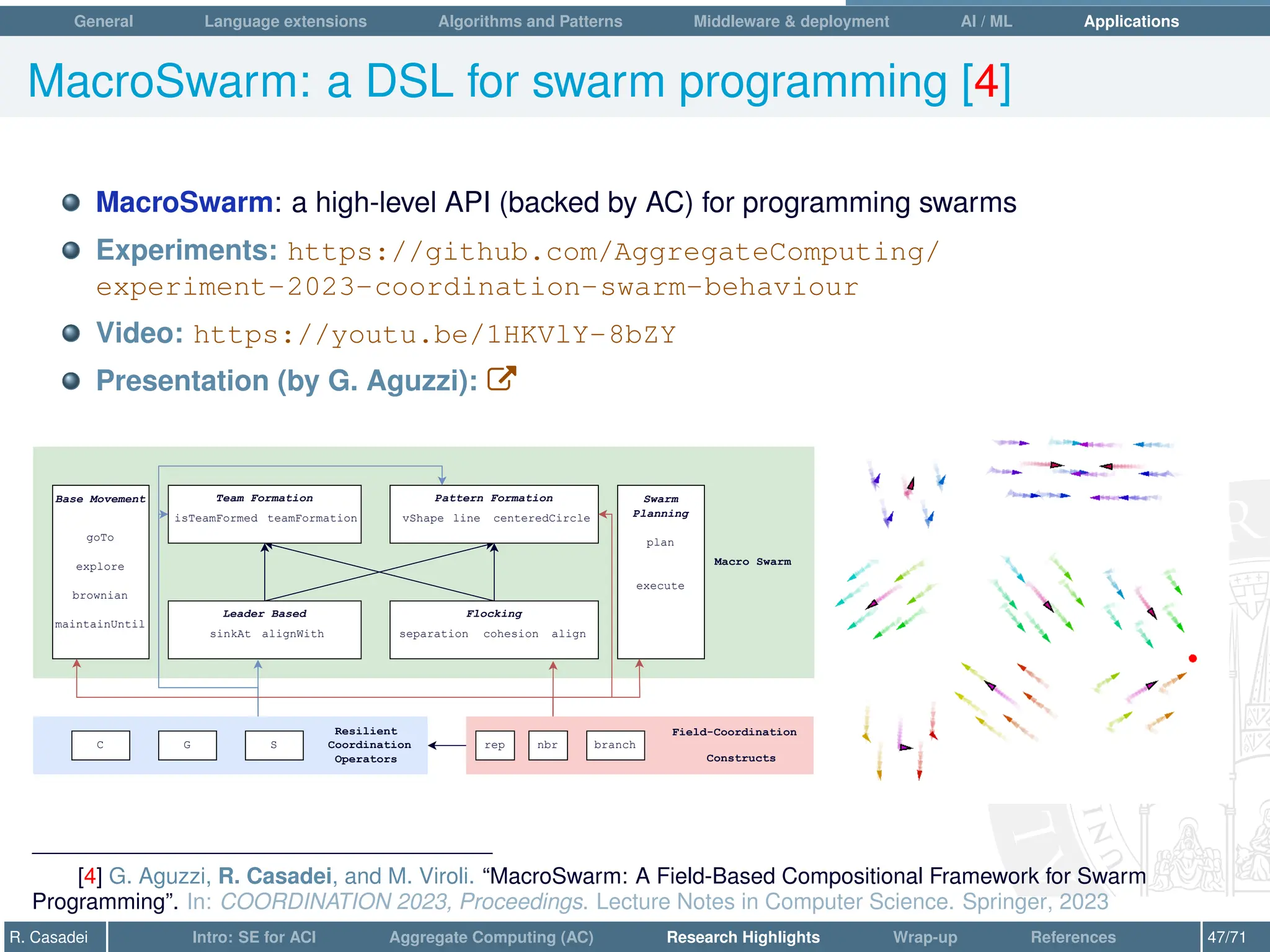 General Language extensions Algorithms and Patterns Middleware  deployment AI / ML Applications
MacroSwarm: a DSL for swarm programming [4]
MacroSwarm: a high-level API (backed by AC) for programming swarms
Experiments: https://github.com/AggregateComputing/
experiment-2023-coordination-swarm-behaviour
Video: https://youtu.be/1HKVlY-8bZY
Presentation (by G. Aguzzi): W
Macro Swarm
Base Movement
Flocking
Leader Based
Team Formation Pattern Formation Swarm
Planning
Resilient
Coordination
Operators
C G S
Field-Coordination
Constructs
rep nbr branch
vShape line centeredCircle
plan
separation
execute
cohesion align
sinkAt alignWith
isTeamFormed teamFormation
goTo
explore
brownian
maintainUntil
[4] G. Aguzzi, R. Casadei, and M. Viroli. “MacroSwarm: A Field-Based Compositional Framework for Swarm
Programming”. In: COORDINATION 2023, Proceedings. Lecture Notes in Computer Science. Springer, 2023
R. Casadei Intro: SE for ACI Aggregate Computing (AC) Research Highlights Wrap-up References 47/71
 