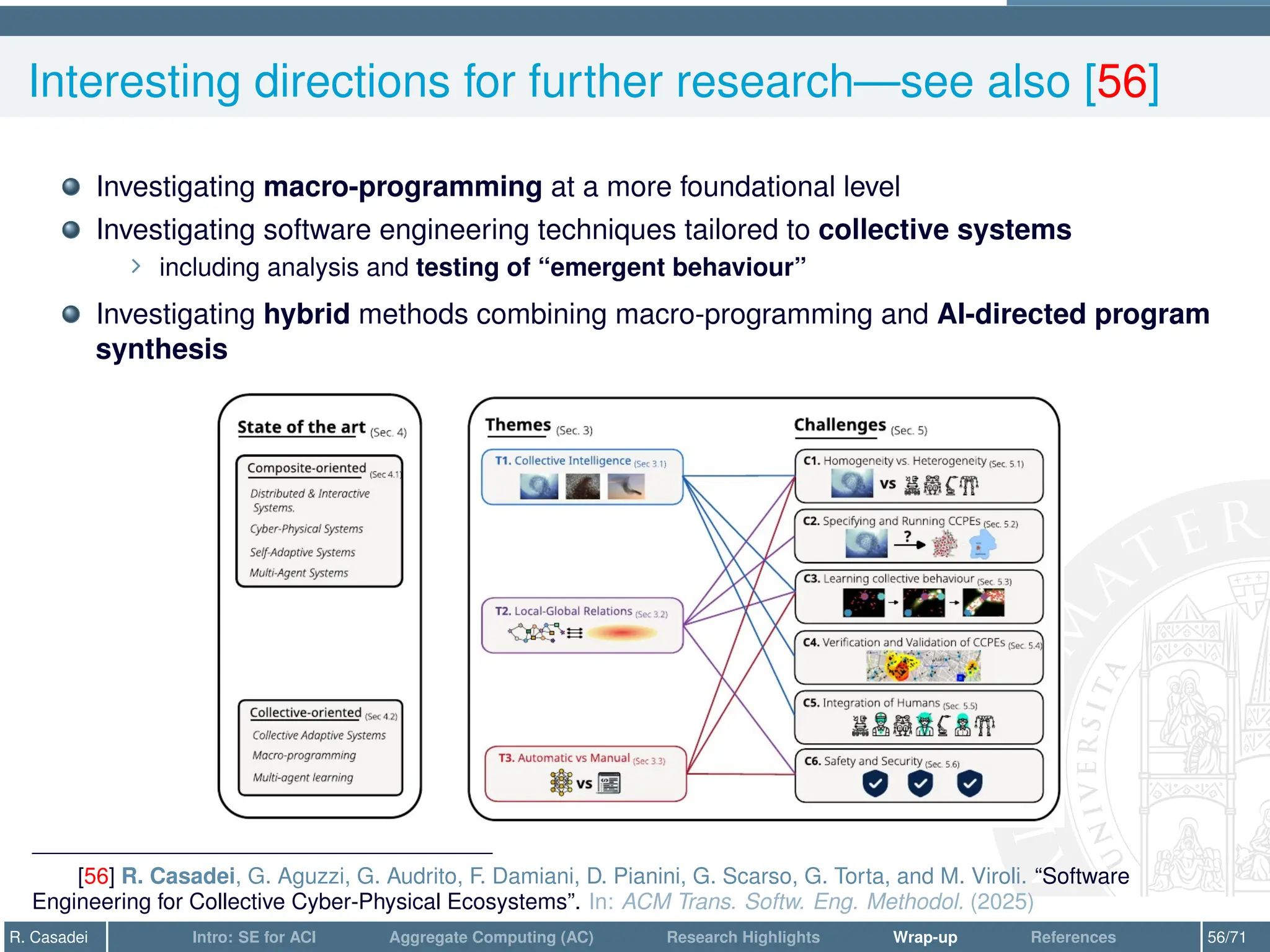 Interesting directions for further research—see also [56]
Investigating macro-programming at a more foundational level
Investigating software engineering techniques tailored to collective systems
∠ including analysis and testing of “emergent behaviour”
Investigating hybrid methods combining macro-programming and AI-directed program
synthesis
[56] R. Casadei, G. Aguzzi, G. Audrito, F. Damiani, D. Pianini, G. Scarso, G. Torta, and M. Viroli. “Software
Engineering for Collective Cyber-Physical Ecosystems”. In: ACM Trans. Softw. Eng. Methodol. (2025)
R. Casadei Intro: SE for ACI Aggregate Computing (AC) Research Highlights Wrap-up References 56/71
 