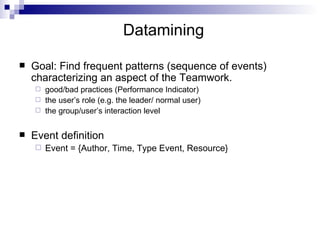 Datamining Goal: Find frequent patterns (sequence of events) characterizing an aspect of the Teamwork. good/bad practices (Performance Indicator) the user’s role (e.g. the leader/ normal user) the group/user’s interaction level Event definition Event = {Author, Time, Type Event, Resource} 