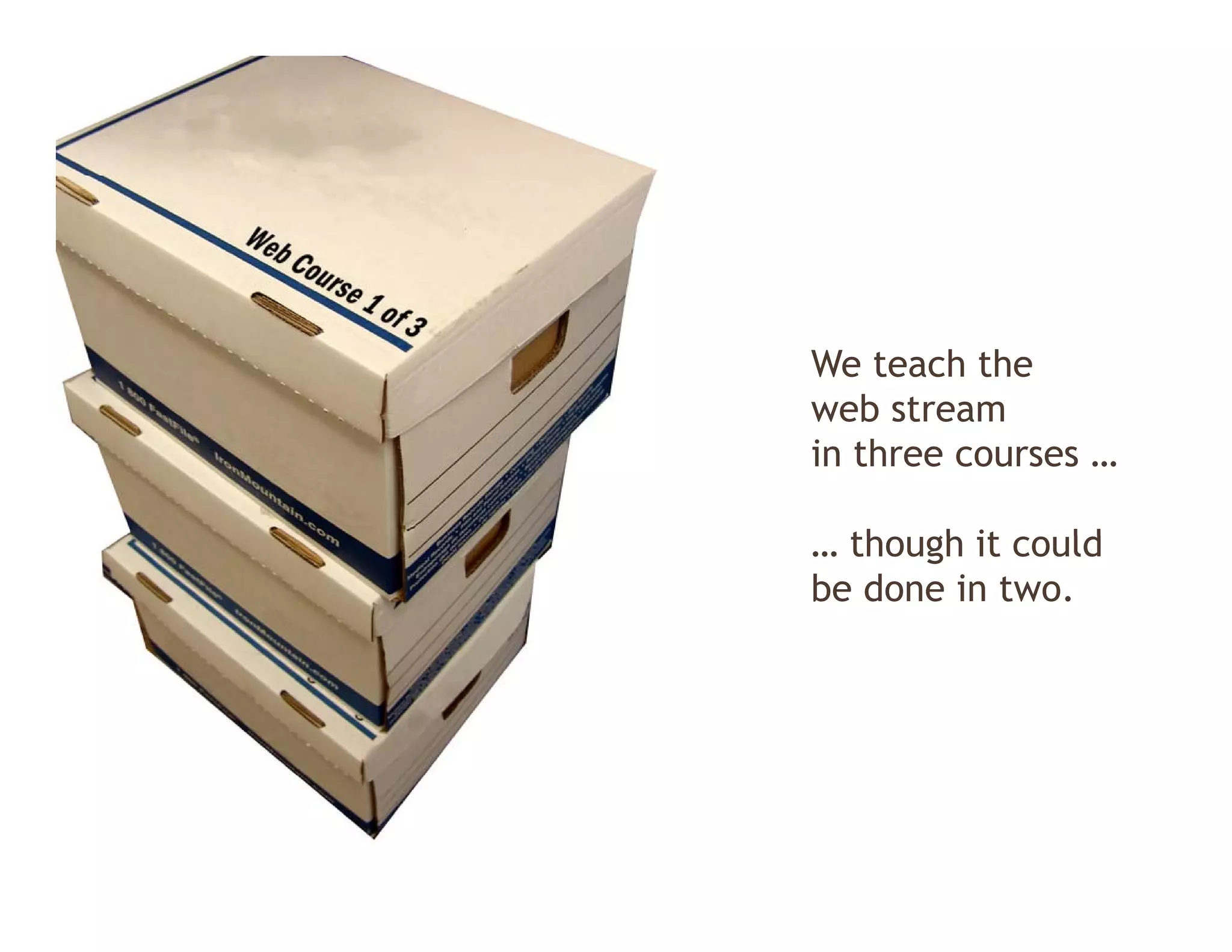 We teach the
web stream
in three courses …

… th gh it could
  though       ld
be done in two.
 