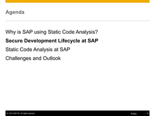 © 2013 SAP AG. All rights reserved. 14Public
Agenda
Why is SAP using Static Code Analysis?
Secure Development Lifecycle at SAP
Static Code Analysis at SAP
Challenges and Outlook
 