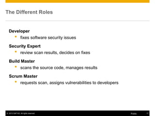© 2013 SAP AG. All rights reserved. 17Public
The Different Roles
Developer
• fixes software security issues
Security Expert
• review scan results, decides on fixes
Build Master
• scans the source code, manages results
Scrum Master
• requests scan, assigns vulnerabilities to developers
 