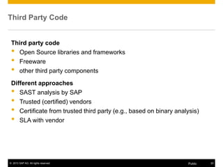 © 2013 SAP AG. All rights reserved. 20Public
Third Party Code
Third party code
• Open Source libraries and frameworks
• Freeware
• other third party components
Different approaches
• SAST analysis by SAP
• Trusted (certified) vendors
• Certificate from trusted third party (e.g., based on binary analysis)
• SLA with vendor
 