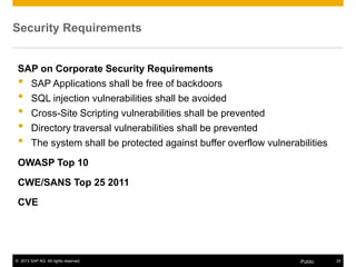 © 2013 SAP AG. All rights reserved. 24Public
Security Requirements
SAP on Corporate Security Requirements
• SAP Applications shall be free of backdoors
• SQL injection vulnerabilities shall be avoided
• Cross-Site Scripting vulnerabilities shall be prevented
• Directory traversal vulnerabilities shall be prevented
• The system shall be protected against buffer overflow vulnerabilities
OWASP Top 10
CWE/SANS Top 25 2011
CVE
 