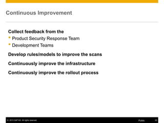 © 2013 SAP AG. All rights reserved. 25Public
Continuous Improvement
Collect feedback from the
• Product Security Response Team
• Development Teams
Develop rules/models to improve the scans
Continuously improve the infrastructure
Continuously improve the rollout process
 