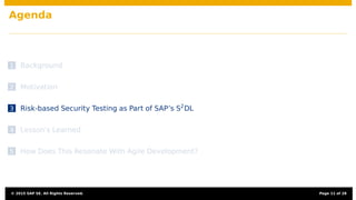 Agenda
1 Background
2 Motivation
3 Risk-based Security Testing as Part of SAP’s S2
DL
4 Lesson’s Learned
5 How Does This Resonate With Agile Development?
© 2015 SAP SE. All Rights Reserved. Page 11 of 28
 