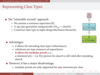 An extensible Encoding of Object-oriented Data Models in HOL
Representing Class Types
The “extensible records” approach
We assume a common superclass (O).
A tag type guarantees uniquenessby (Otag = classO).
Construct class type as tuple along inheritance hierarchy:
O
A
s:String
B
b:Integer
Advantages:
it allows for extending class types (inheritance),
subclasses are type instances of superclasses
⇒ it allows for modular proofs, i. e.,
a statement ϕ(x (α B)) proven for class B is still valid after extending
class B.
However, it has a major disadvantage:
modular proofs are only supported for one extension per class
Achim D. Brucker Encoding Object-oriented Datatypes in HOL: Extensible Records RevisitedIDW  
 