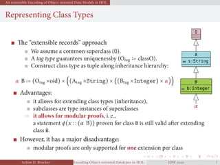 An extensible Encoding of Object-oriented Data Models in HOL
Representing Class Types
The “extensible records” approach
We assume a common superclass (O).
A tag type guarantees uniquenessby (Otag = classO).
Construct class type as tuple along inheritance hierarchy:
α B = (Otag ×oid) × ((Atag ×String) × ((Btag ×Integer) × α))
O
A
s:String
B
b:Integer
α
Advantages:
it allows for extending class types (inheritance),
subclasses are type instances of superclasses
⇒ it allows for modular proofs, i. e.,
a statement ϕ(x (α B)) proven for class B is still valid after extending
class B.
However, it has a major disadvantage:
modular proofs are only supported for one extension per class
Achim D. Brucker Encoding Object-oriented Datatypes in HOL: Extensible Records RevisitedIDW  
 