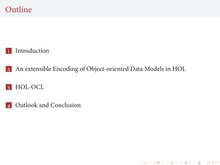 Outline
 Introduction
 An extensible Encoding of Object-oriented Data Models in HOL
 HOL-OCL
 Outlook and Conclusion
 